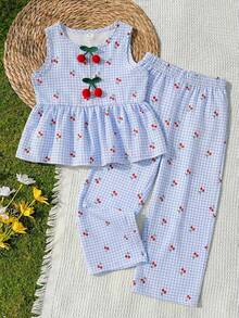 SHEIN Vintaside Kids Young Girls 2pcs Set: Sleeveless Plaid & Cherry Print Top With 3D Cherry Decor + Loose Wide Leg Pants, Suitable For Casual, Beach, Holiday, Summer - Blue - View 4