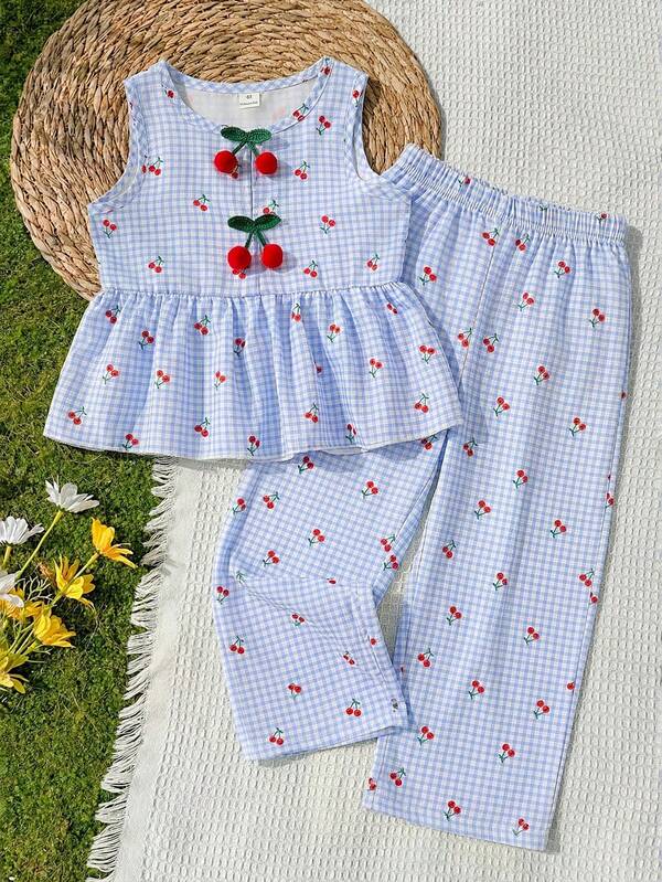 SHEIN Vintaside Kids 女童两件套：无袖格子樱桃印花上衣，饰有3D樱桃图案，搭配宽松阔腿裤，适合休闲、海滩、度假、夏季穿着。