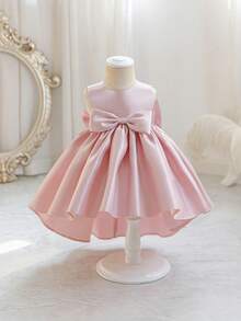 Glamorique Kids 女婴婚礼花童礼服，粉色缎面长裙，带大蝴蝶结拖尾，女婴生日派对礼服，高端舞台表演宴会礼服，度假公主裙，适合所有季节 - 粉色 - 查看 4