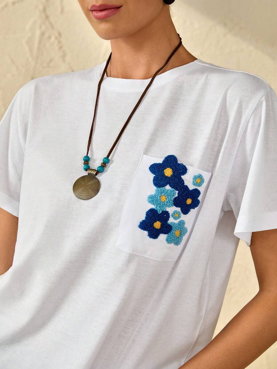 Bóhologie Áo thun nữ chất liệu cotton cao cấp mềm mại, dáng rộng, thêu hoa nhiều màu sắc, thích hợp mặc hàng ngày, phong cách đường phố. Chất liệu vải cotton tự nhiên. - trắng - Xem 1