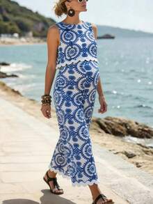 Momance Maternity Sleeveless Plant Print Top + Adjustable Waist Pants 2 Pieces Set, Summer - Blue - View 1