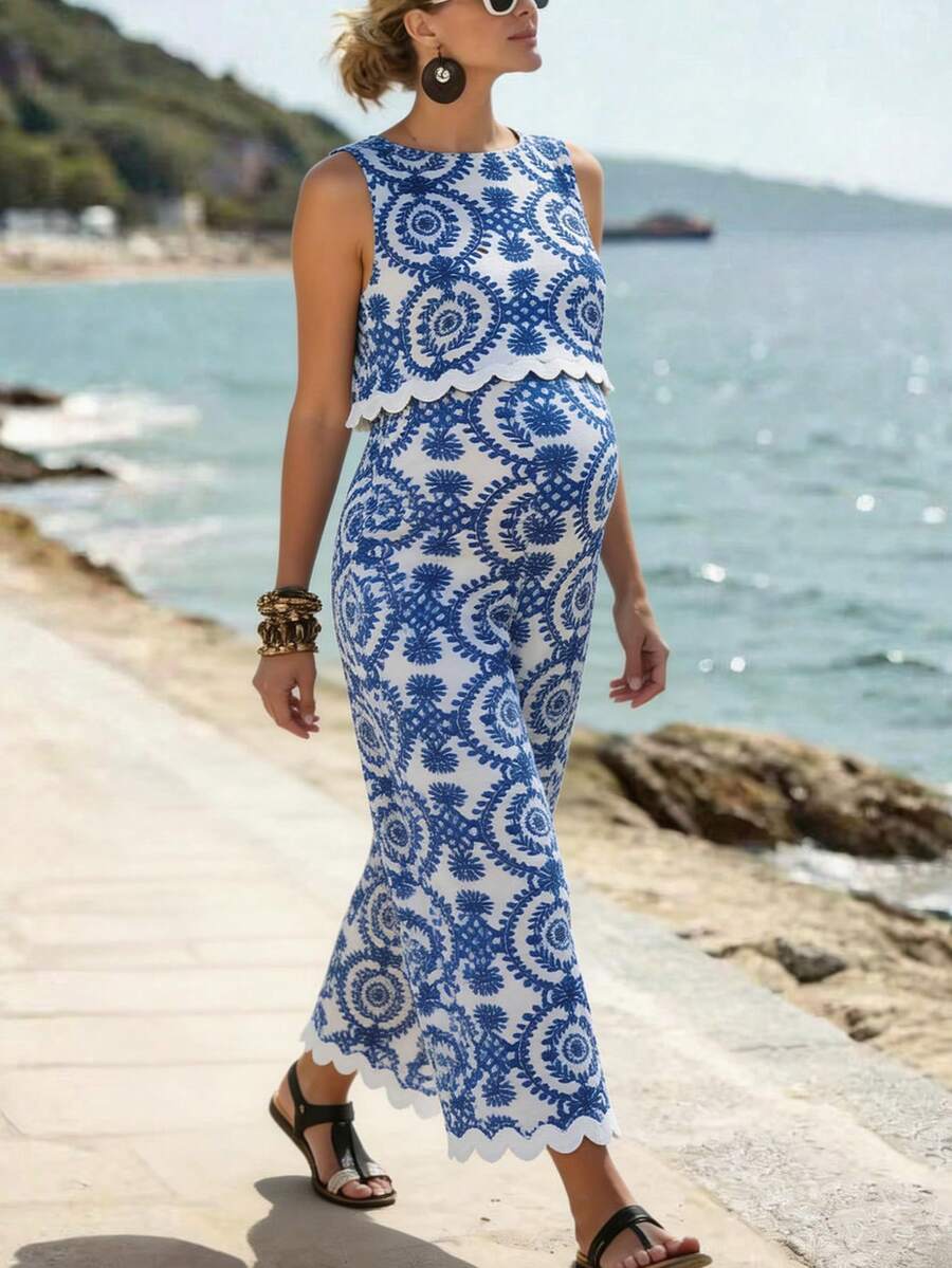 Momance Maternity Sleeveless Plant Print Top + Adjustable Waist Pants 2 Pieces Set, Summer - Blue - View 1