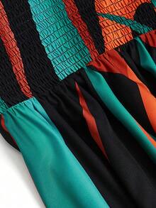 Elenzga 新款法式休闲优雅性感高端设计V领露背吊带A字开衩无袖长裙，红绿花卉印花，高品质精致女装 - 彩色 - 查看 7