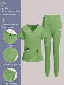 TaskEZ Solid Color Short Sleeve Pocket Top And Pants Scrub Uniform Set - Green - View 1