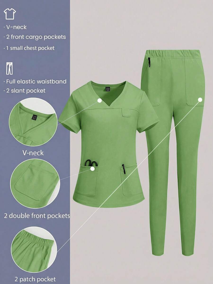 TaskEZ Solid Color Short Sleeve Pocket Top And Pants Scrub Uniform Set - Green - View 1