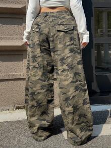 Dazy Plus 迷彩印花宽松阔腿街头风格长牛仔裤，四季皆宜 - 軍綠色 - 查看 2