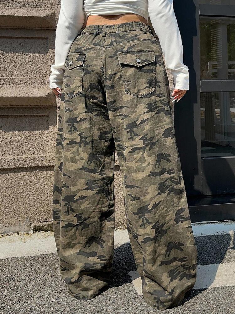 Dazy Plus Camouflage Print Loose Wide Leg Street Style Long Jeans, All Season