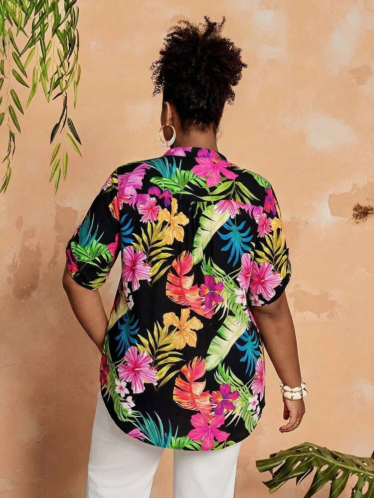 Plus Size Women Tropical Plant Print V-Neck Short Sleeve Shirt