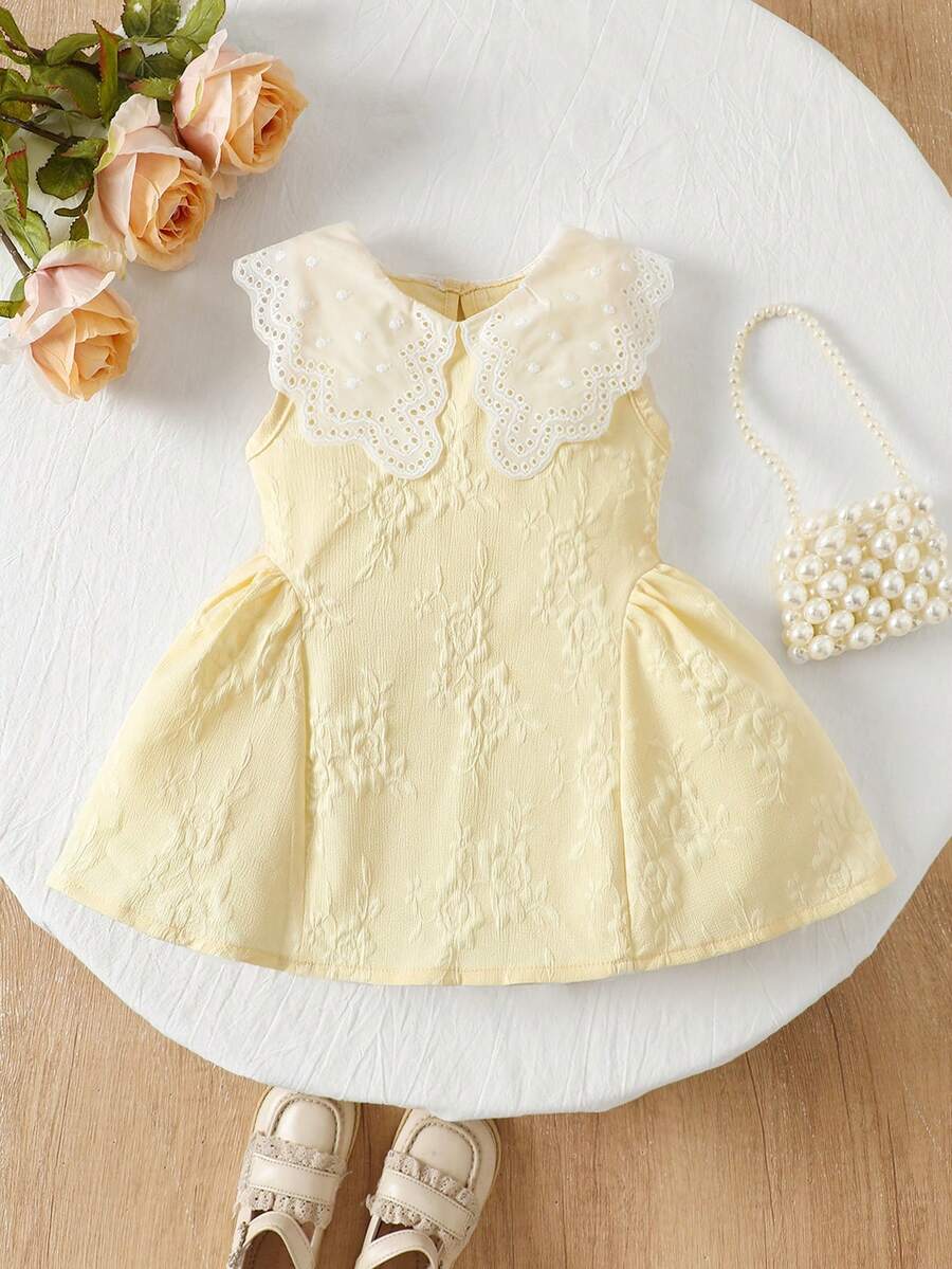 SHEIN Elladie kids Đầm hồng không tay cổ ren viền cổ áo kiểu công chúa ngọt ngào cho bé gái, thích hợp cho mùa hè. - Màu vàng - Xem 1