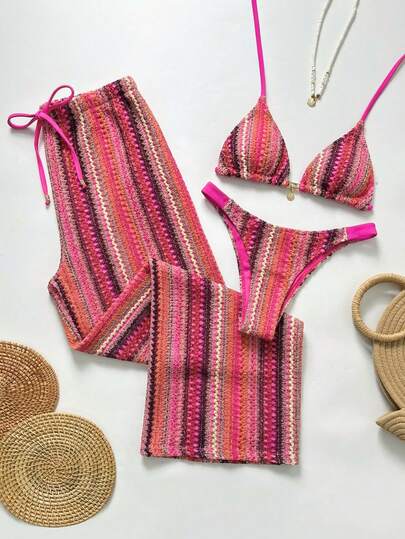 Swim Chiccia Bộ bikini mùa hè gợi cảm kẻ sọc dành cho nữ, gồm áo khoác ngoài và quần.