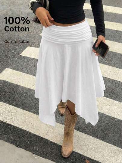 Aloruh Women's Pure White 100% Cotton Midi Skirt With Asymmetrical High-Low Hem - Retro Y2K Boho Style, Perfect For Western Festival, Island Girl Vintage, Seaside Vacation, Spring Break, Vacation Beach Cruise, Concert, Wedding Guest, City Trip, Holiday Wear, Elegant Spring/Summer Outfit