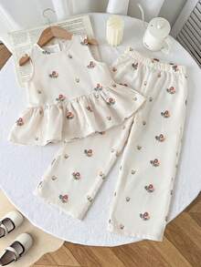 SHEIN 2pcs/Set Young Girl Ditsy Floral Sleeveless Tank Top & Loose Casual Pants Set,Kids - Apricot - View 2