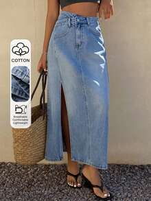 DAZY Damen Asymmetrisches Design Taillenschlitz Lässiger Denim Rock - Mittele Waschung - Übersicht 1