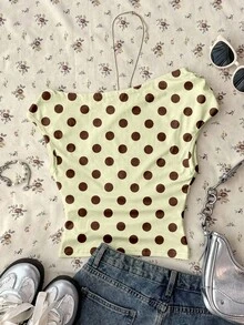 Attitoon Damen enge asymmetrische gerafftes Polka Dot Kontrast Farbdruck Crop Top, geeignet für Ausflüge, Street-Style, Flughafen, Strandurlaub, Hochzeitsfeier, Musikfestival, Feiertage, Chic - Verschiedenfarbig - Übersicht 2