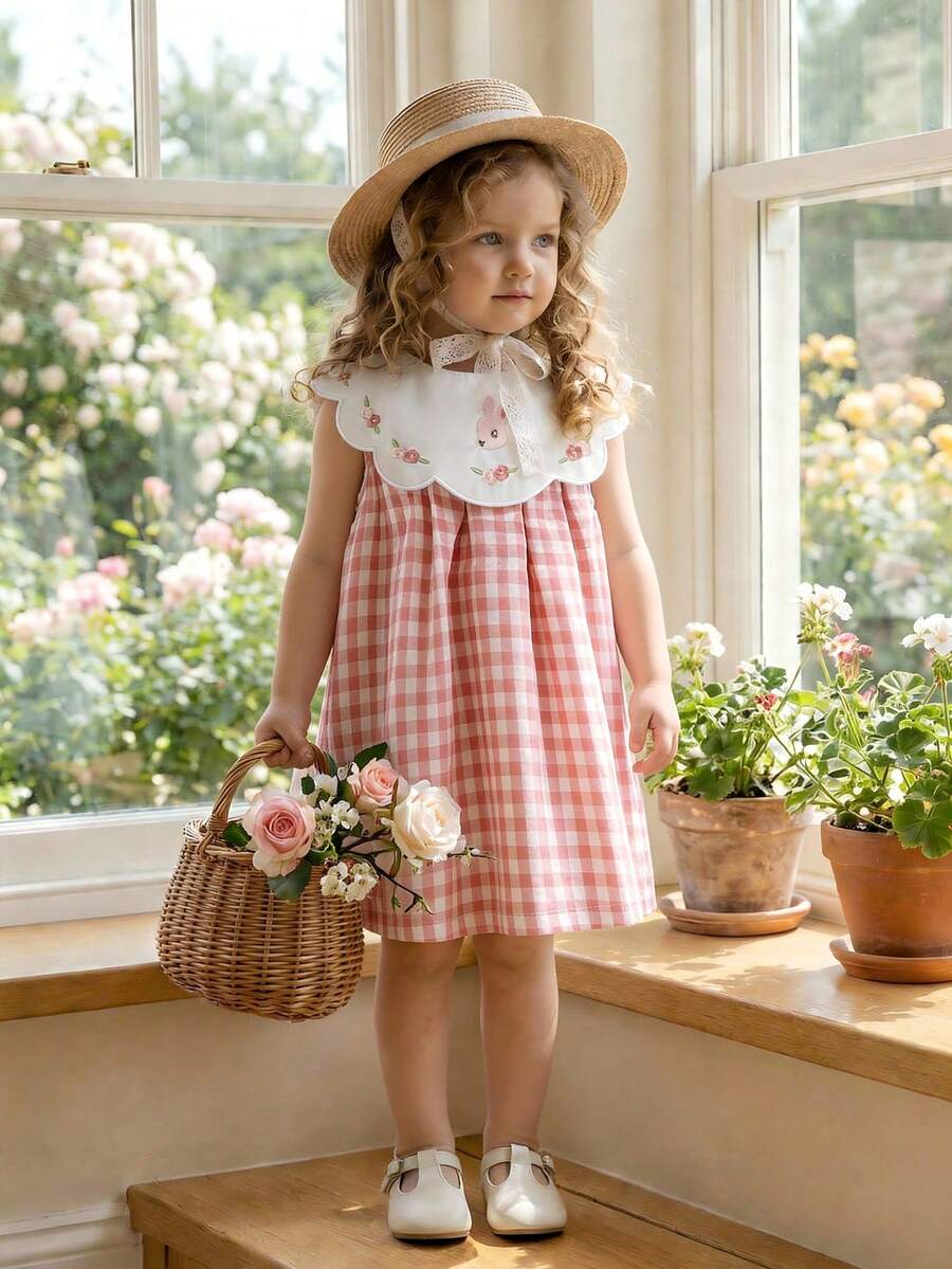 Souflis Souflis Summer Dresses New French Retro Patchwork Floral Collar Rabbit & Floral Embroidery Comfortable Pink Plaid Dress - Pink - View 1