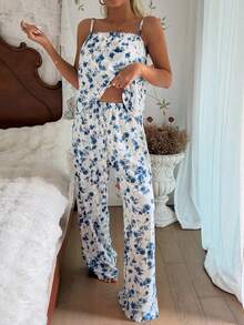 2pcs/Set Women's Ditsy Floral Camisole & Pants Pajama Set, Refreshing Home Wear - White - View 4