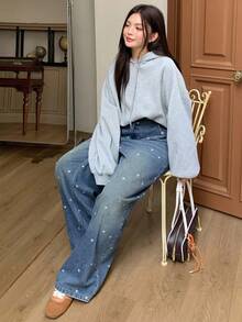 Dazy Plus Heart Print Floral Loose Straight Leg Distressed Washed Long Denim Jeans, All Season - Medium Wash - View 5