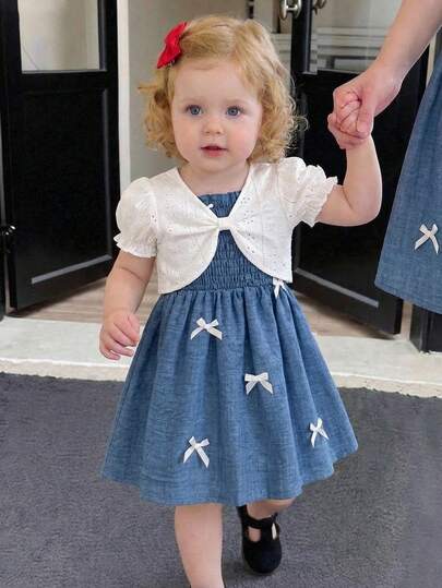 2pcs/Set Baby Girls' Summer New Minimalist Suspender Bow Decor Dress & Short Sleeve Bow Top, Vintage Elegant Cute Dress Set