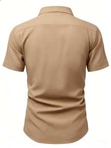 Manfinity Mode Camisa de manga corta con diseño de bolsillo, estilo premium para hombre de vestir casual - Caqui - Ver 4