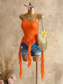 BamGleam Women's Vibrant Orange Beach Vacation Spicy Wind Chiffon Fabric Mesh Ruffle Hem Spaghetti Strap Camisole, Spring/Summer - Orange - View 6