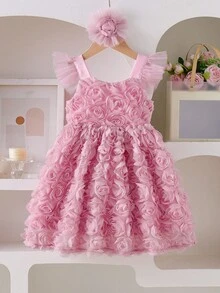 SHEIN Elladie kids 小女孩优雅3D立体花卉刺绣短袖连衣裙，公主裙，适合表演、派对、生日、婚礼等场合。 - 粉色 - 查看 7