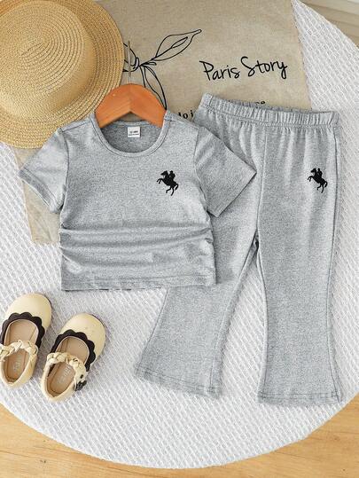 SHEIN Light Gray Versatile 2pcs/Set Baby/Toddler Girl Outfit, Minimalist Horse Print Short Sleeve Top And Flared Pants
