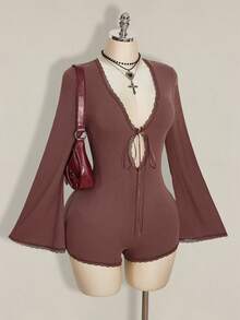 SHEIN ICON 大码女式蕾丝拼接喇叭袖连体裤 - 棕色 - 查看 6
