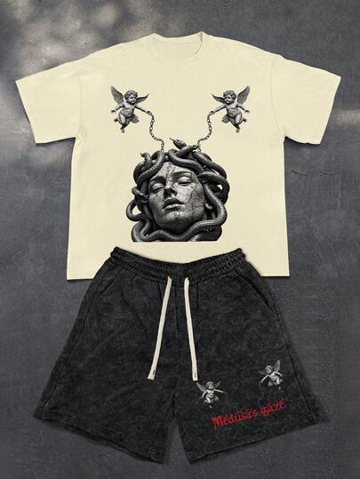 PAVTROS طقم تيشيرت كاجوال بياقة دائرية وأكمام قصيرة مع طباعة صورة شخصية وشعار، وشورت بخصر رباط، طقم قطعتين بطراز الشارع للصيف