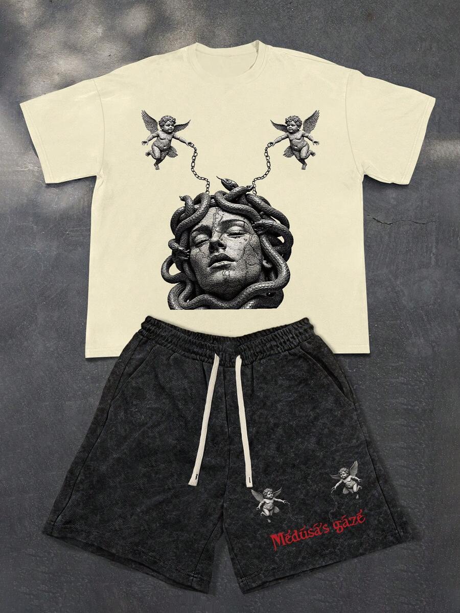 PAVTROS 男士人像及标语印花休闲圆领短袖T恤搭配抽绳短裤套装，夏季街头风两件套 - 彩色 - 查看 1