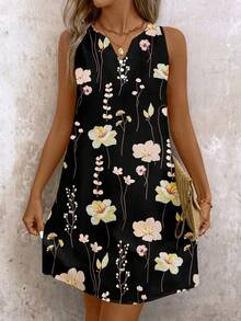EMERY ROSE Gaun Kasual Wanita Model V-Neck Motif Bunga Panjang Sedang, Cocok untuk Musim Panas - Hitam - View 4