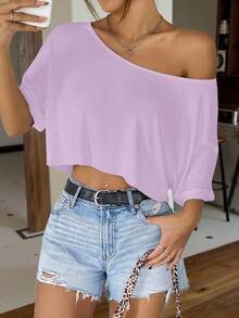 Muchica Light Purple Knit Loose Batwing Shoulder T-Shirt For Women - Lilac Purple - View 5