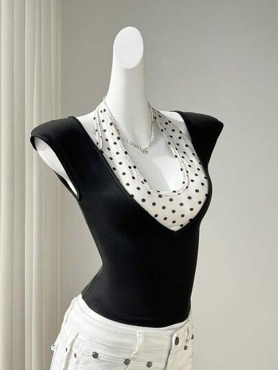 Elamini 女士撞色二合一波点拼接短袖T恤，春夏款