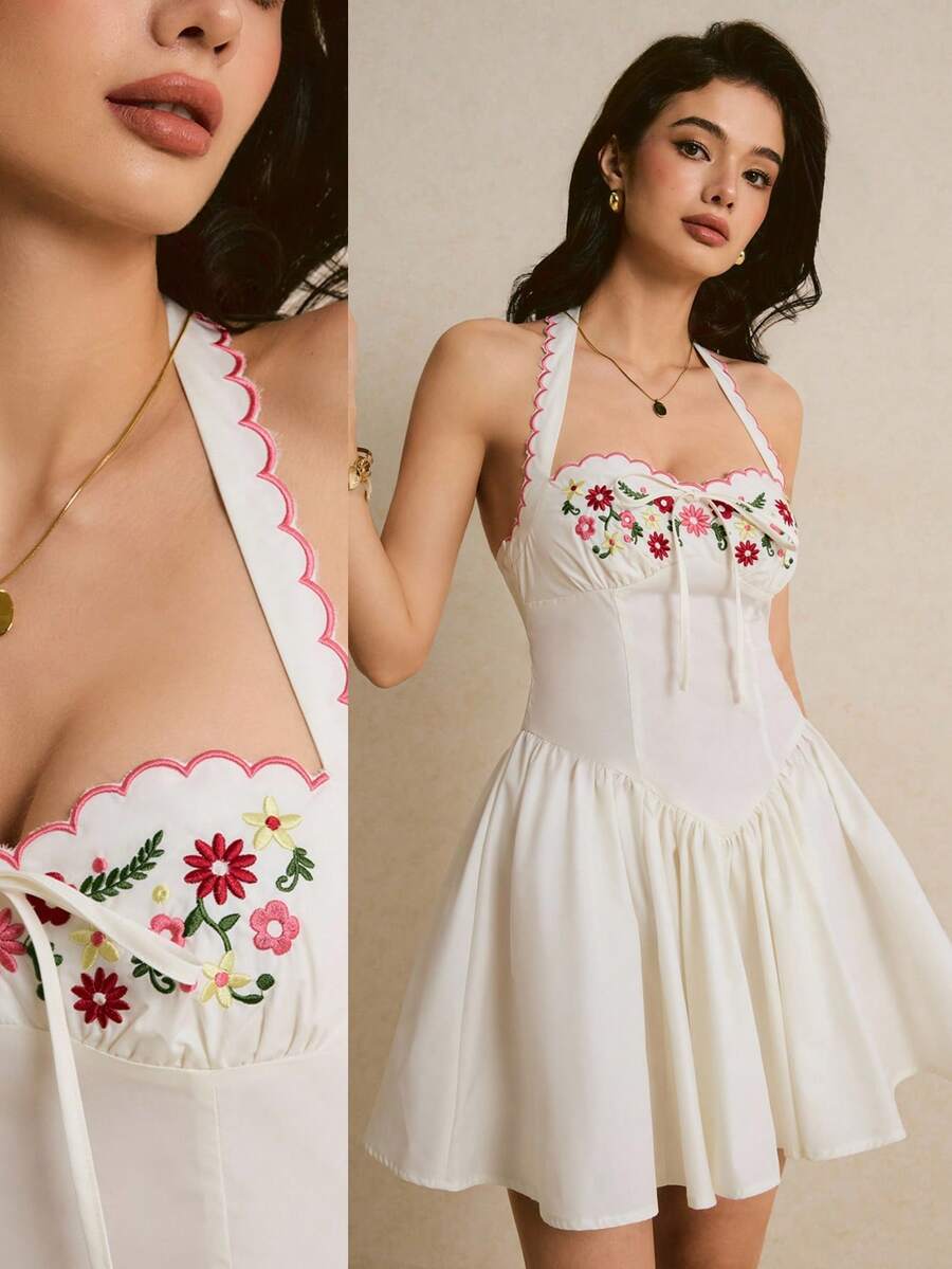 Poéselle 女士春夏花卉刺绣迷你连衣裙，浪漫度假/约会装扮 - 白色 - 查看 1