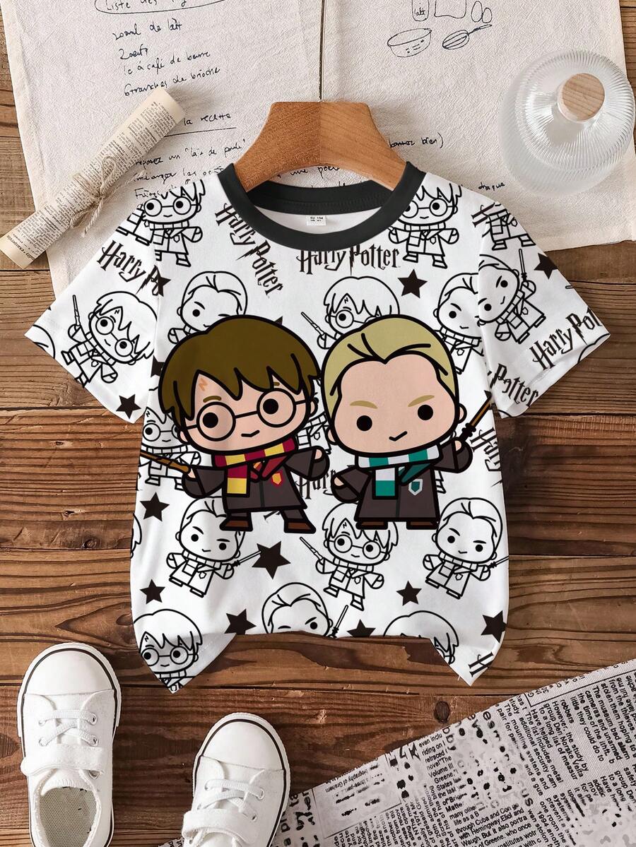HARRY POTTER X SHEIN Baby Boy Casual Round Neck All-Over Print Short Sleeve Top, Versatile For Daily Wear - White - View 1