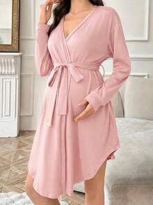 Moonlight&Mama Super Soft & Skin-Friendly Solid Color Maternity Robe - Coral Pink - View 4