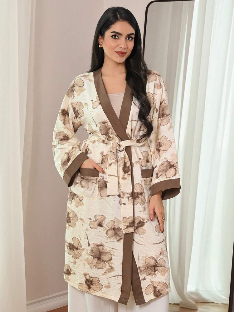 Tie Dye Floral Pattern Textured Chiffon Fabric Contrast Trim Midi Robe For Women