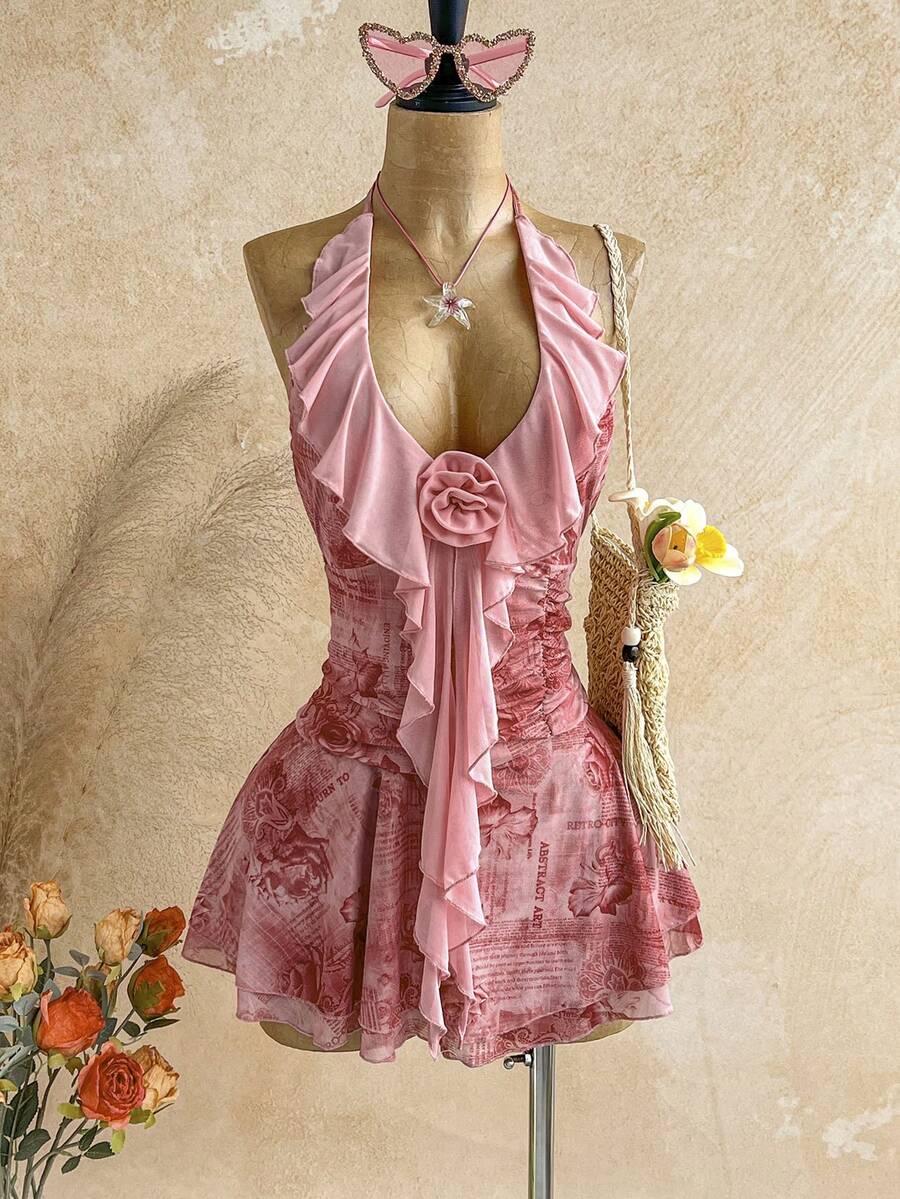 Soleia 女士彩色复古印花垂褶领口层叠荷叶边下摆吊带迷你连衣裙，适合假日、约会、下午茶、度假、音乐节等场合，波西米亚风格 - 彩色 - 查看 1