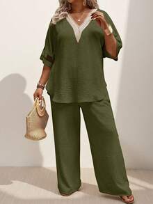 Momelise EMERY ROSE 夏季女士纯色镂空蕾丝网纱袖上衣和裤子两件套 - 綠色 - 查看 4