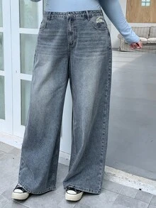 Dazy Plus Quần Jeans Boyfriend ống rộng giặt rách cỡ lớn, quần Jeans Baggy - Rửa trung bình - Xem 7
