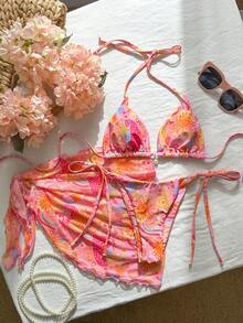 SHEIN Swim 三件套，随机印花金色珍珠装饰挂脖三角比基尼上衣、侧系带泳裤和迷你裙，性感女士泳装套装，春夏款 - 彩色 - 查看 5