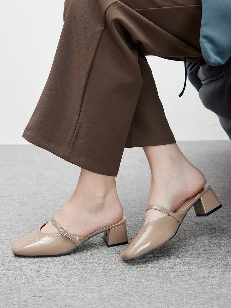 CUCCOO BIZCHIC Squared-Toe Chunky Heel Apricot Elegant Commuting Mules, Women's High Heel Backless Pumps For Christmas Spring Shoes