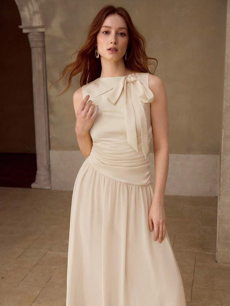 ELEGANT ASYMMETRIC BOW TIE FLOWY ROMANTIC PLEATED HEM MID-LENGTH DRESS