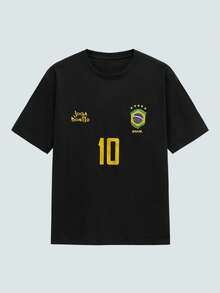 Modcrash 男士图案T恤，复西足球球衣 - 传奇10号，休闲足球迷服装，足球球衣，100%涤纶透气针织面料，常规版型圆领设计，复古美式，男女皆宜，宽松夏季服装 - 适合日常穿着和夏季度假穿着。 - 黑色 - 查看 1