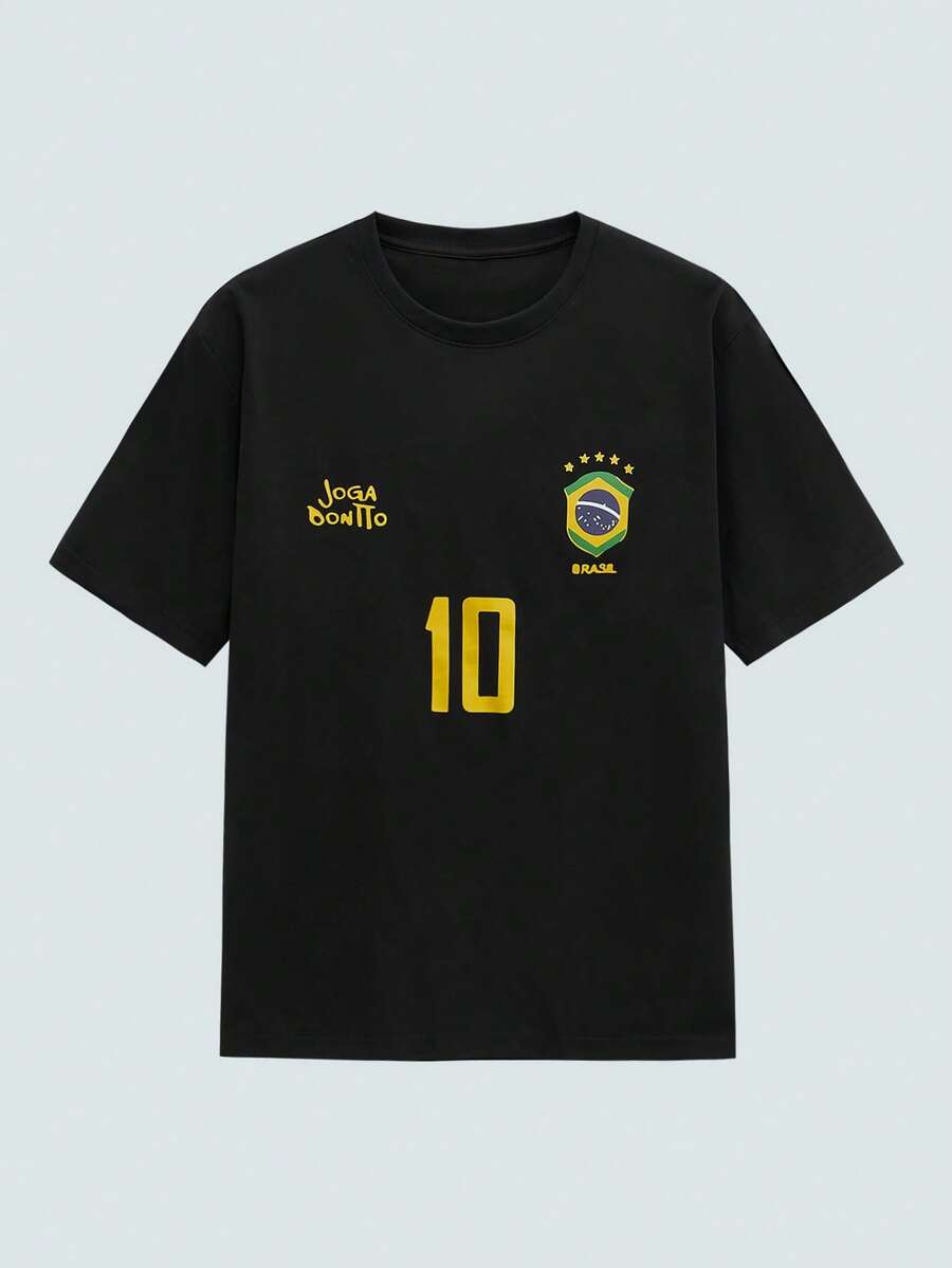 Modcrash 男士图案T恤，复西足球球衣 - 传奇10号，休闲足球迷服装，足球球衣，100%涤纶透气针织面料，常规版型圆领设计，复古美式，男女皆宜，宽松夏季服装 - 适合日常穿着和夏季度假穿着。 - 黑色 - 查看 1