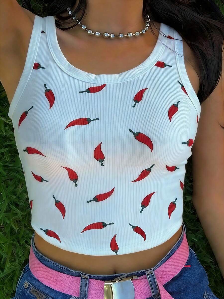 Rovax 女士修身圆领辣椒印花露脐上衣 - 彩色 - 查看 1