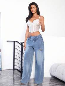 Denimoi 侧穿牛仔裤 时尚街头风个性牛仔裤 - 中等水洗藍 - 查看 5