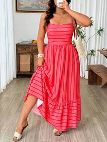 Weeklong Plus Size Women's Red Striped Print Color Block Spaghetti Strap Cinched Waist Long Dress, Elegant Lady Vacation Casual Versatile - Red - View 4