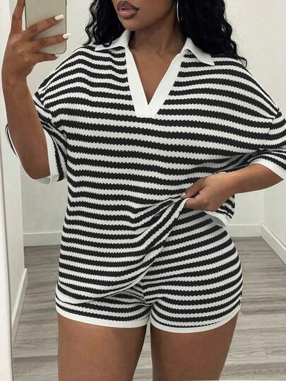 Slaydiva Spring/Summer New Casual Street & Daily Wear & Outing & Home & Date & Vacation & Beach Sexy Hollow Knit Textured Black & Apricot Striped V-Neck Short Sleeve Loose Regular T-Shirt Top And Fitted Shorts 2-Piece Set, Plus Size Two Piece Short Sets Striped Two Piece Set Women Short Sets Vacation Stripe Set
