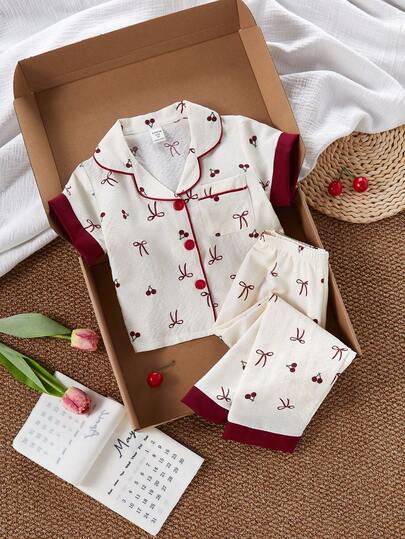 2件套 女童甜美樱桃蝴蝶结印花短袖开衫和裤子 休闲舒适家居服套装