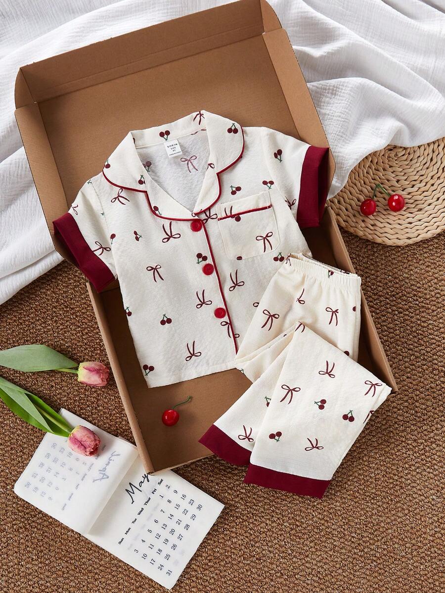SHEIN 2件套 女童甜美樱桃蝴蝶结印花短袖开衫和裤子 休闲舒适家居服套装 - 紅色 - 查看 1